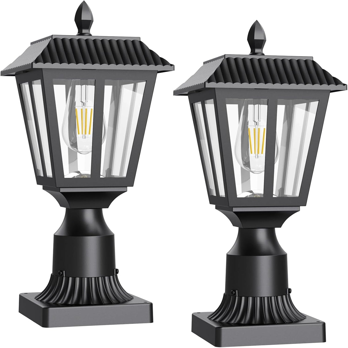 Greluna Solar Post Lamp Lights, 2 Pack 6000K Dusk to Dawn Solar Light with Pier Mount Base, Post Lights Outdoor Waterproof for Garden Yard Landscape Pole Pillar, Outside Decorative Lamp
