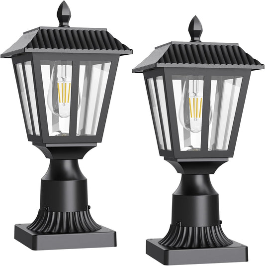 Greluna Solar Post Lamp Lights, 2 Pack 6000K Dusk to Dawn Solar Light with Pier Mount Base, Post Lights Outdoor Waterproof for Garden Yard Landscape Pole Pillar, Outside Decorative Lamp