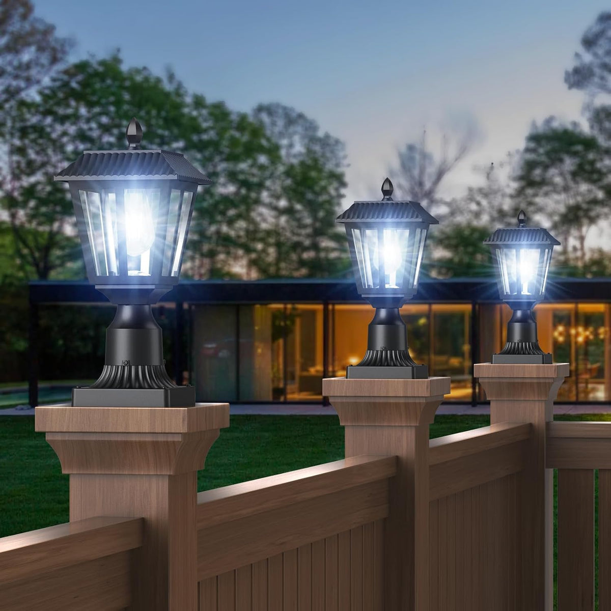 Greluna Solar Post Lamp Lights, 2 Pack 6000K Dusk to Dawn Solar Light with Pier Mount Base, Post Lights Outdoor Waterproof for Garden Yard Landscape Pole Pillar, Outside Decorative Lamp