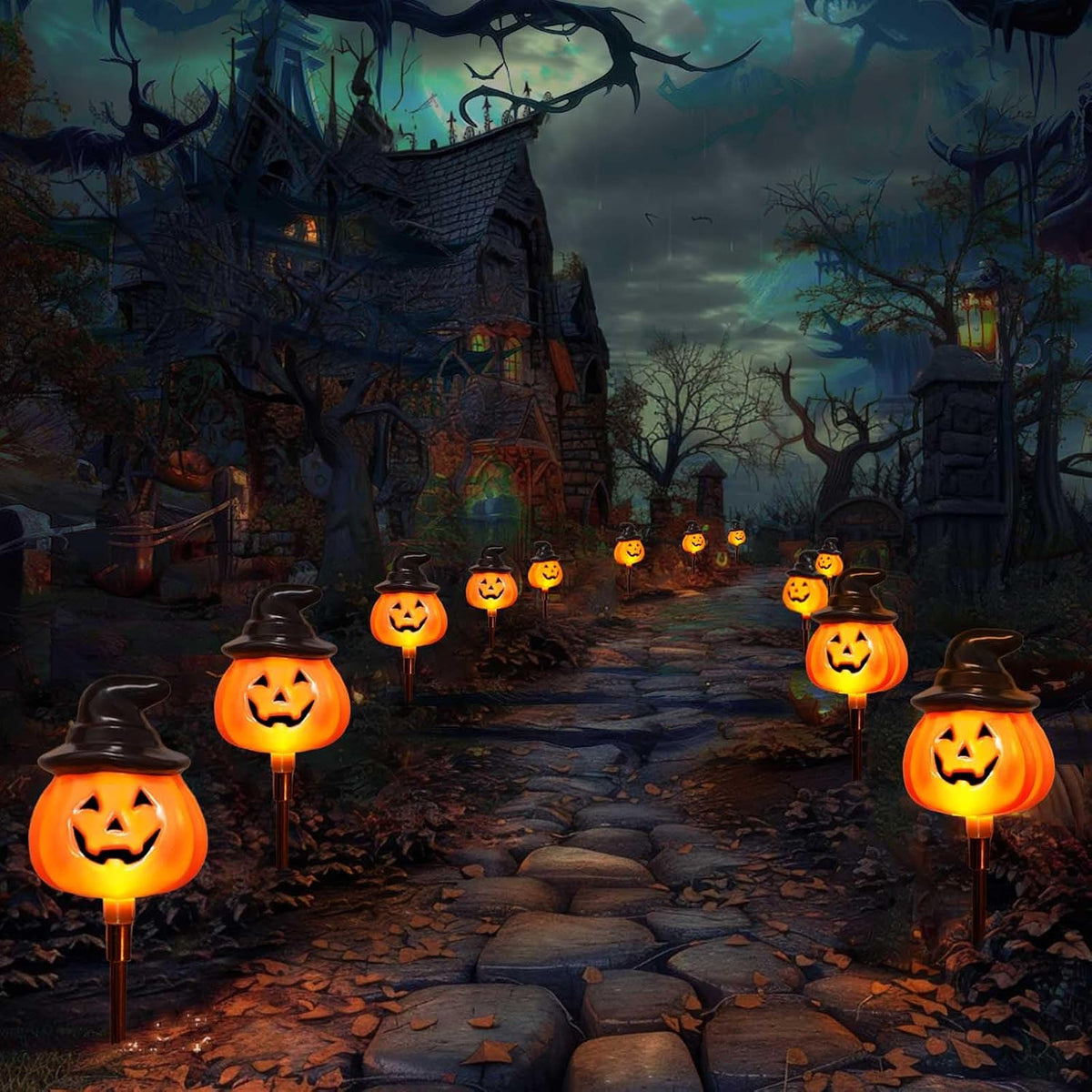 6 Pack Solar Jack O Lantern Stake String Lights - Orange Halloween Pathway Decor for Outdoor Halloween Yard Display