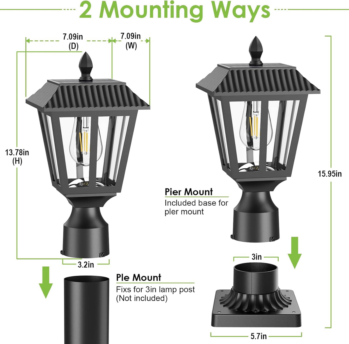 Greluna Solar Post Lamp Lights, 2 Pack 6000K Dusk to Dawn Solar Light with Pier Mount Base, Post Lights Outdoor Waterproof for Garden Yard Landscape Pole Pillar, Outside Decorative Lamp