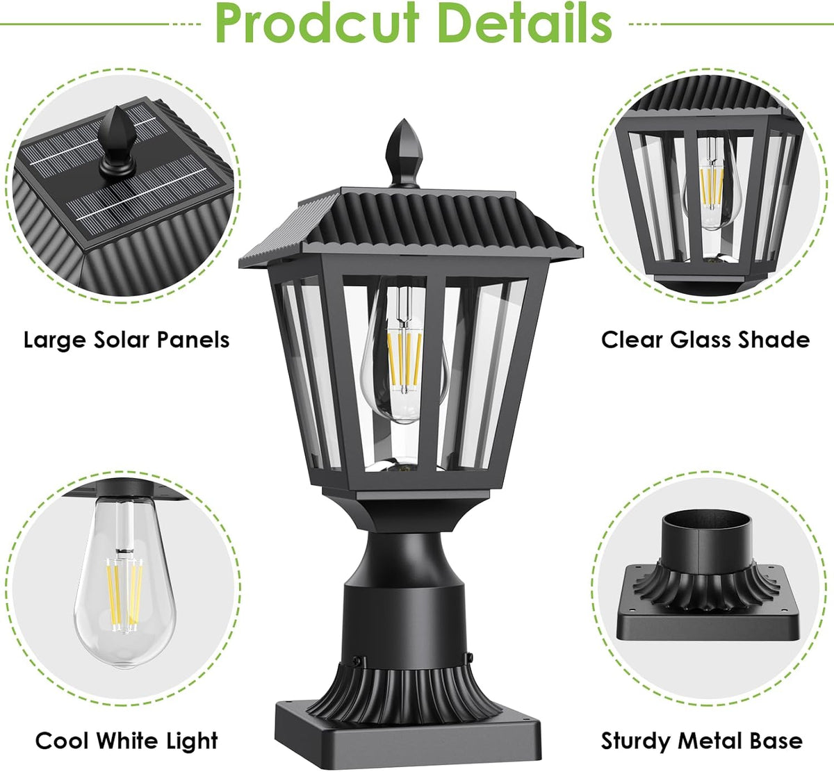 Greluna Solar Post Lamp Lights, 2 Pack 6000K Dusk to Dawn Solar Light with Pier Mount Base, Post Lights Outdoor Waterproof for Garden Yard Landscape Pole Pillar, Outside Decorative Lamp