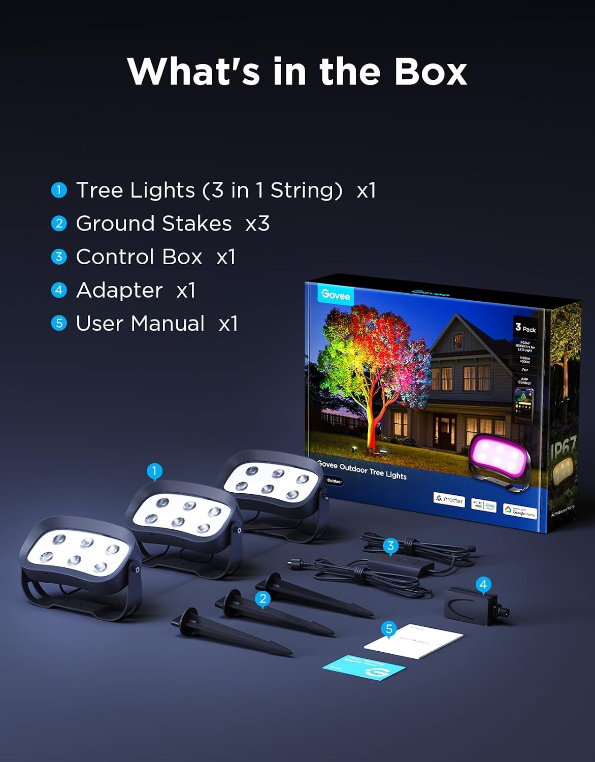 Govee Outdoor Tree Lights 3-Pack, RGBWIC LED Landscape Lighting