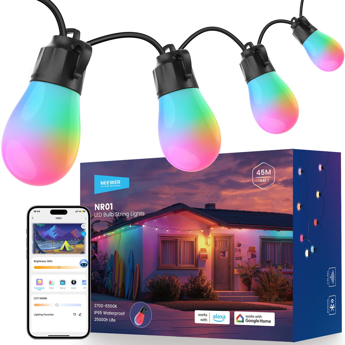 NEEWER NR01 96ft Outdoor String Lights, App Control Smart AI RGBW Lighting
