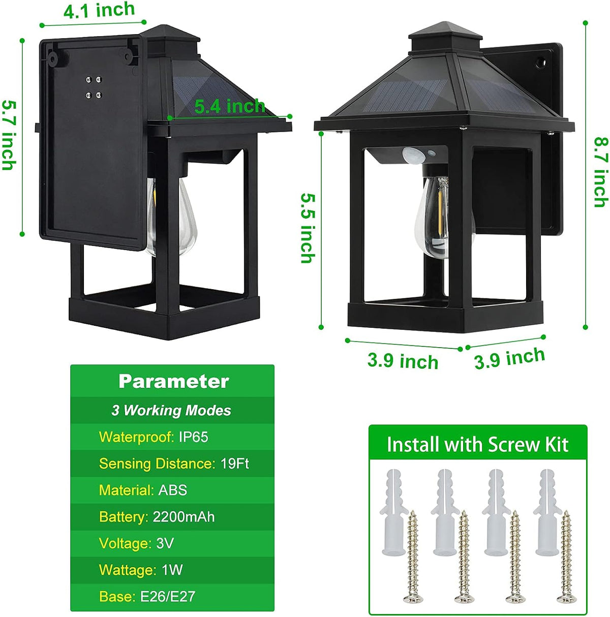 2 Pack Solar Wall Lanterns Outdoor with 3 Modes, Dusk to Dawn Motion Sensor