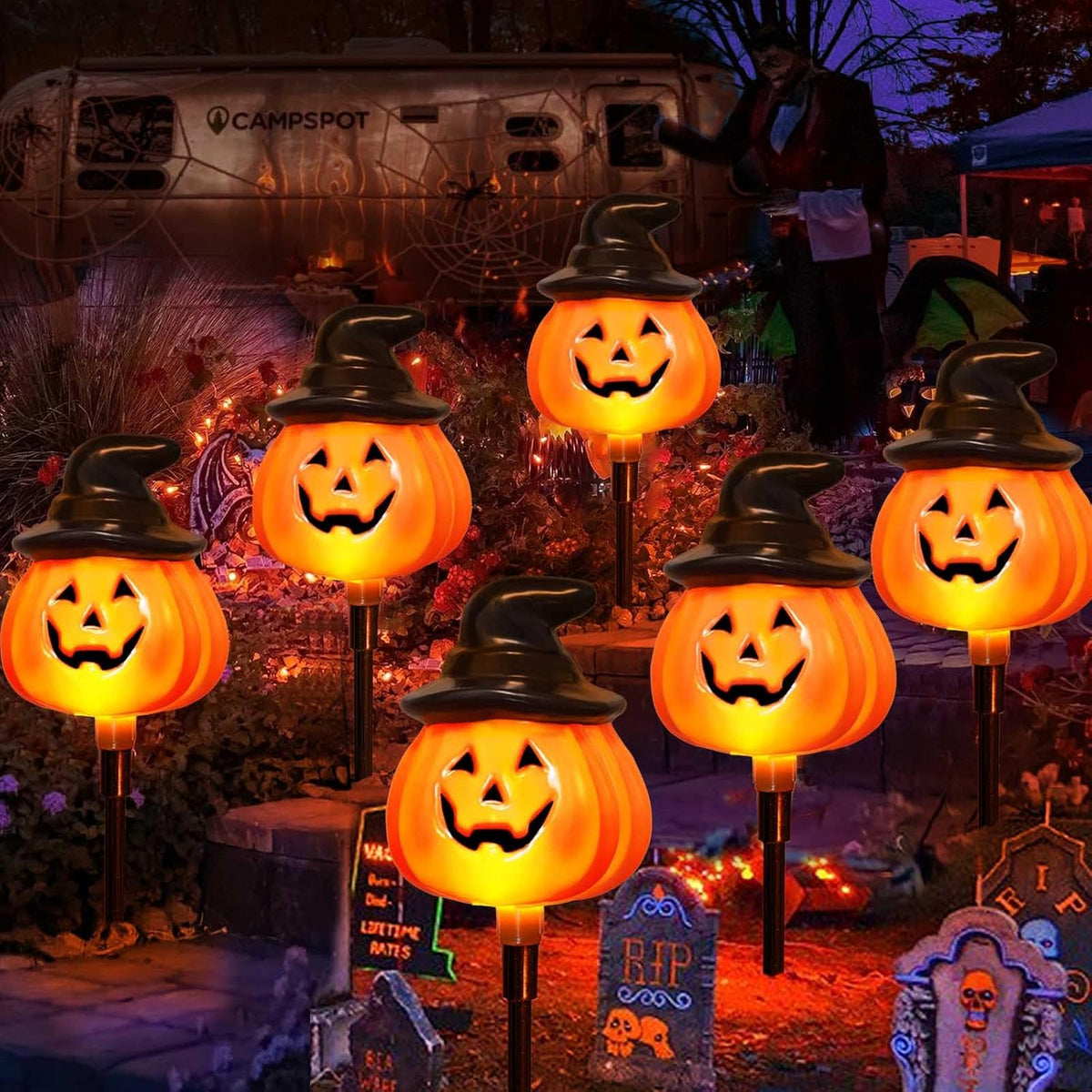 6 Pack Solar Jack O Lantern Stake String Lights - Orange Halloween Pathway Decor for Outdoor Halloween Yard Display