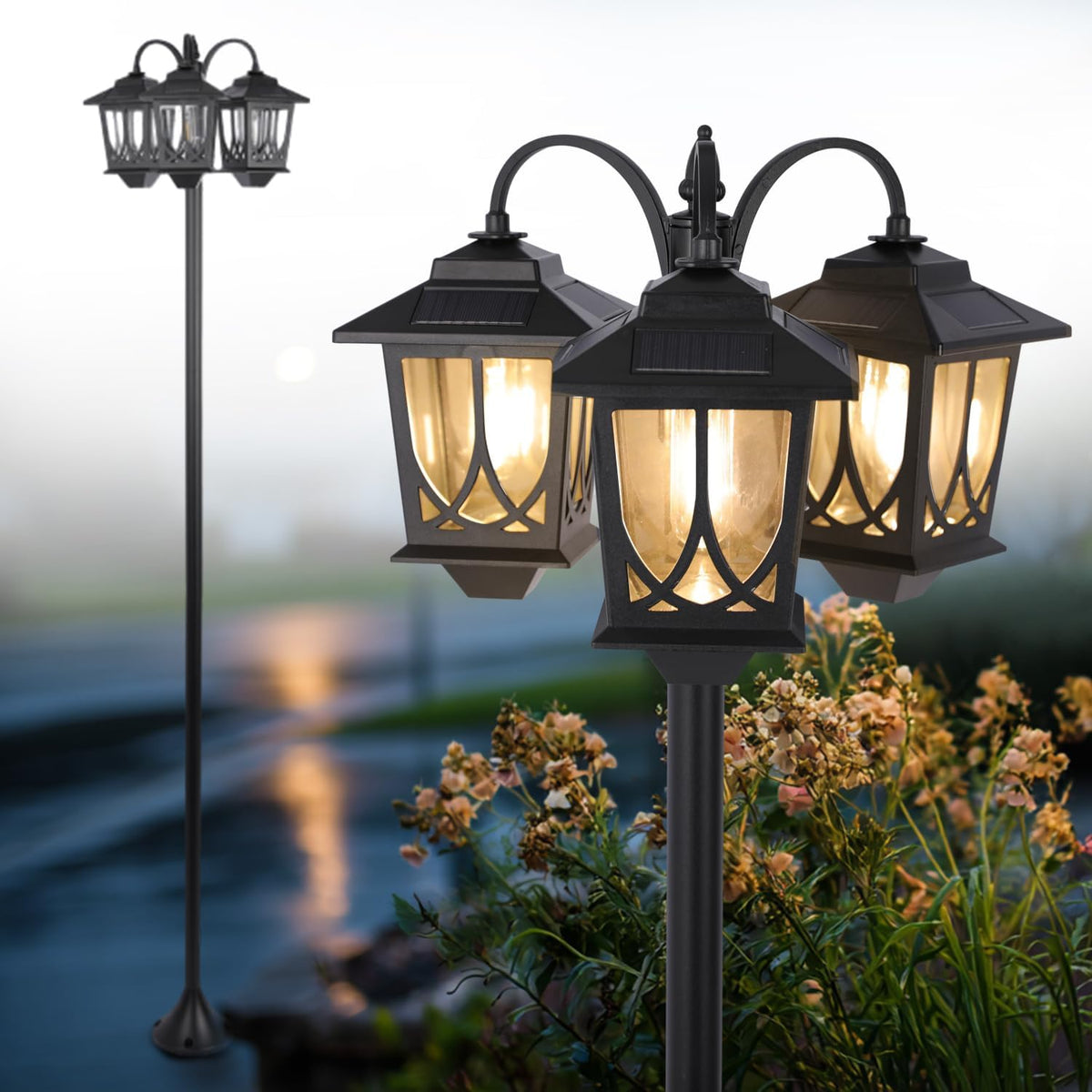 3-Head Solar Lamp Post Light, 73" Solar Lights Outdoor Waterproof, 60Lm 3000K Pathway Lights for Garden, Lawn, Yard