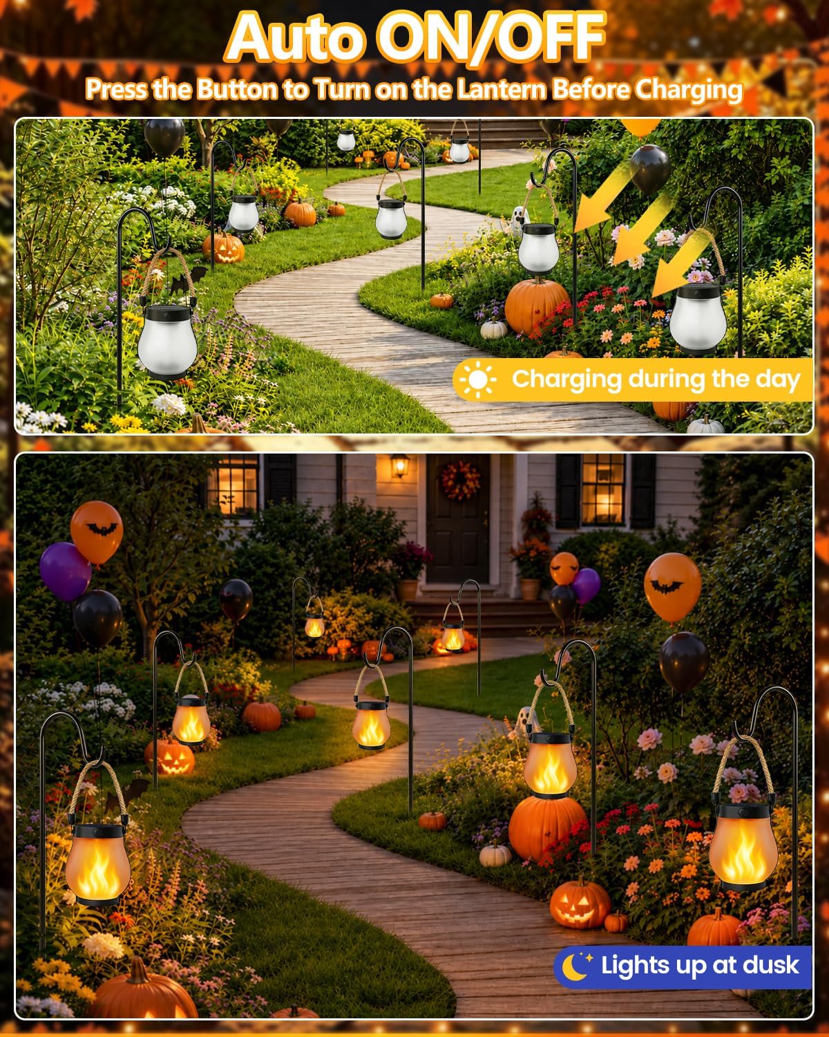6 Pack Solar Lanterns Outdoor Waterproof Flickering Flame Halloween Lights