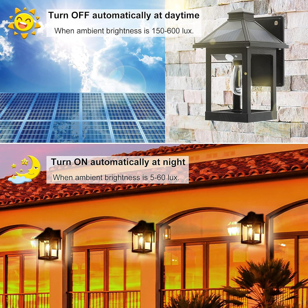2 Pack Solar Wall Lanterns Outdoor with 3 Modes, Dusk to Dawn Motion Sensor