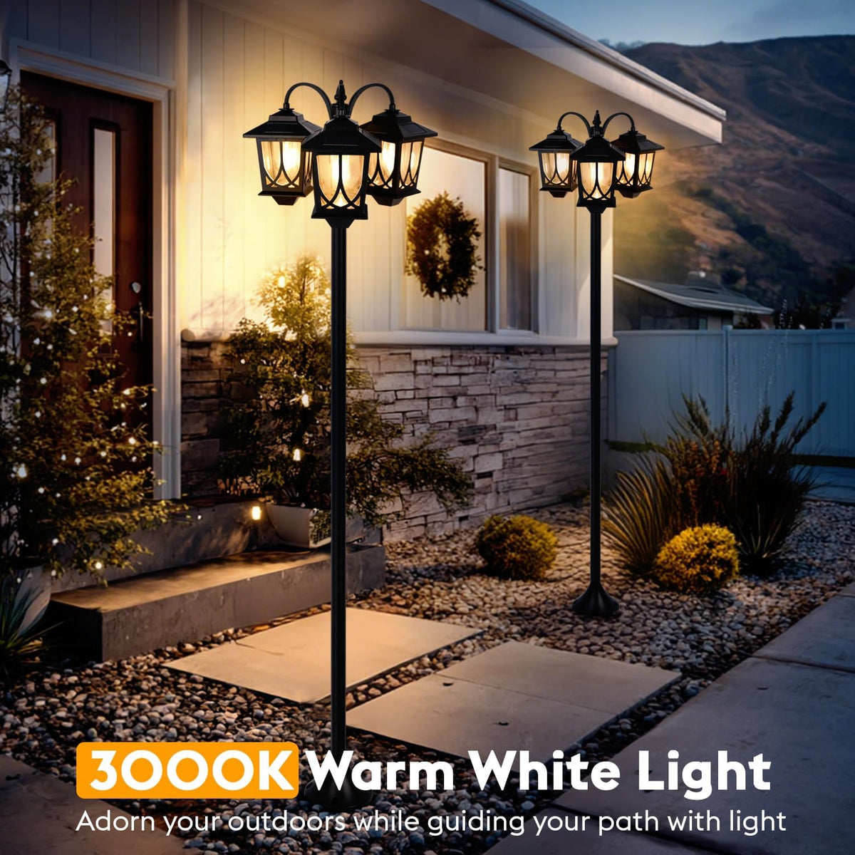 3-Head Solar Lamp Post Light, 73" Solar Lights Outdoor Waterproof, 60Lm 3000K Pathway Lights for Garden, Lawn, Yard